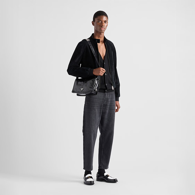 prada shiny waxed leather flap messenger shoulder bag